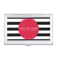 Chic Pink with Modern Black and White Stripes Business Card Case