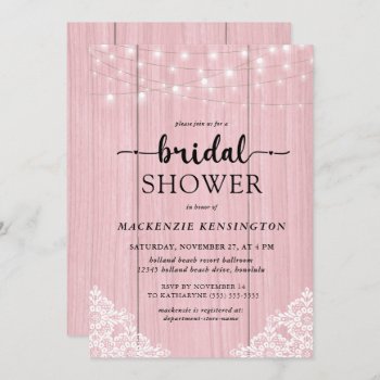Chic Pink Wood String Lights Lace Bridal Shower Invitation by CedarAndString at Zazzle
