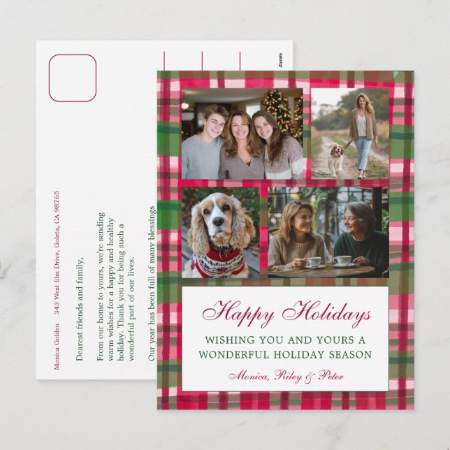 Chic Plaid Christmas Custom 4 Photo Collage  Holiday Postcard (Front/Back)