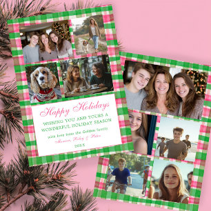 Chic Plaid Christmas Custom 9 Photo Collage Pink Holiday Card