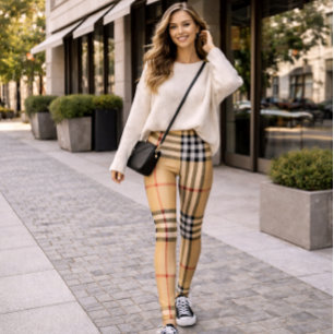 Chic Plaid Warm Tan Base Crisp White Black Brown Leggings