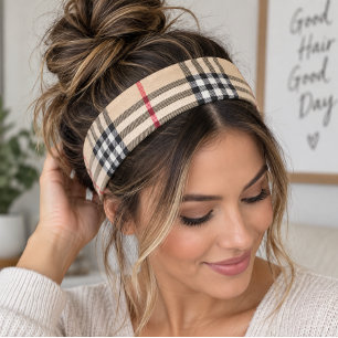 Chic Plaid Warm Tan Base White Black Brown Tartan Athletic Headband
