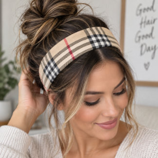 Chic Plaid Warm Tan Base White Black Brown Tartan Athletic Headband
