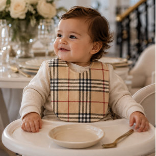 Chic Plaid Warm Tan Base White Black Brown Tartan Baby Bib