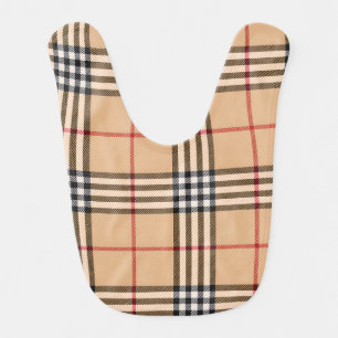 Chic Plaid Warm Tan Base White Black Brown Tartan Baby Bib