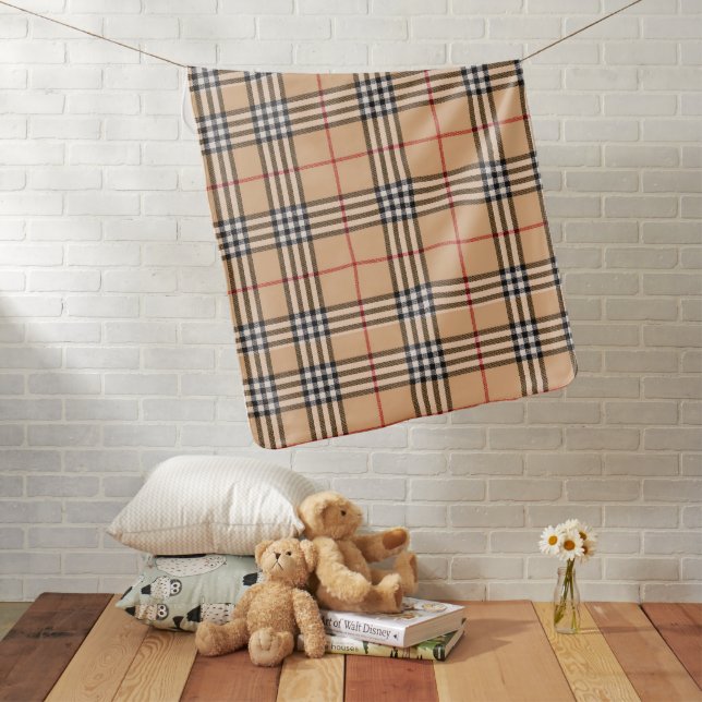 Chic Plaid Warm Tan Base White Black Brown Tartan Baby Blanket (In Situ)