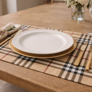 Chic Plaid Warm Tan Base White Black Brown Tartan Cloth Placemat