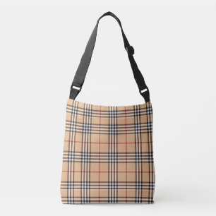Chic Plaid Warm Tan Base White Black Brown Tartan Crossbody Bag
