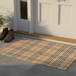 Chic Plaid Warm Tan Base White Black Brown Tartan Doormat