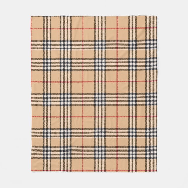 Chic Plaid Warm Tan Base White Black Brown Tartan Fleece Blanket (Front)