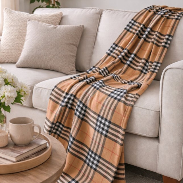 Chic Plaid Warm Tan Base White Black Brown Tartan Fleece Blanket (Creator Uploaded)