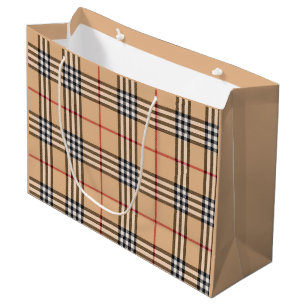 Chic Plaid Warm Tan Base White Black Brown Tartan Large Gift Bag