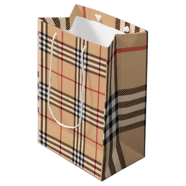 Chic Plaid Warm Tan Base White Black Brown Tartan Medium Gift Bag (Front Angled)
