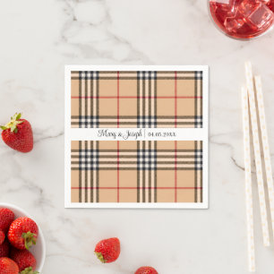 Chic Plaid Warm Tan Base White Black Brown Tartan Napkins