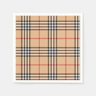 Chic Plaid Warm Tan Base White Black Brown Tartan Napkins