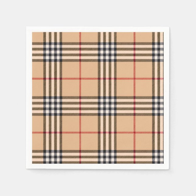 Chic Plaid Warm Tan Base White Black Brown Tartan Napkins (Front)