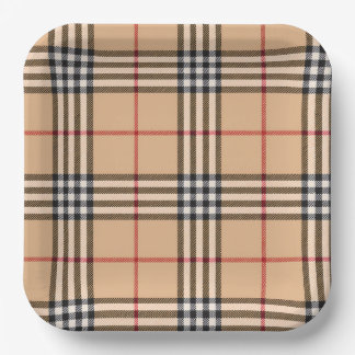 Chic Plaid Warm Tan Base White Black Brown Tartan Paper Plates