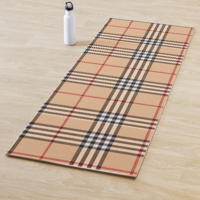 Chic Plaid Warm Tan Base White Black Brown Tartan Yoga Mat (In Situ)