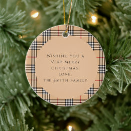 Chic Plaid Warm Tan | Customizable Photo And Text Ceramic Ornament