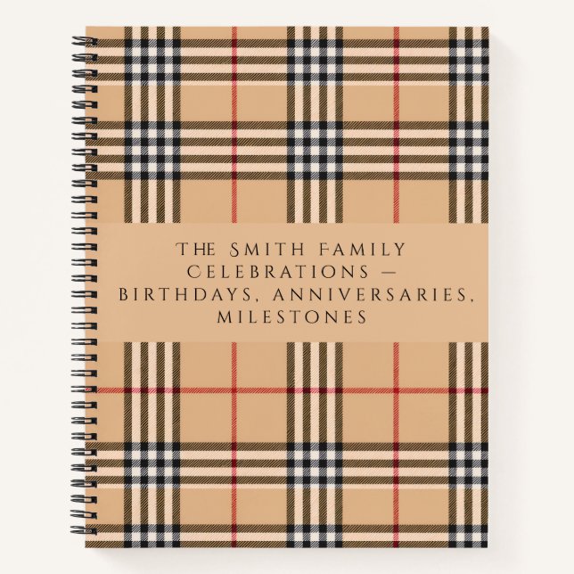 Chic Plaid Warm Tan | Customizable Text Holiday  Notebook (Front)