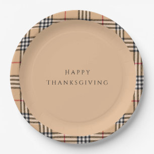 Chic Plaid Warm Tan Happy Thanksgiving Tartan Paper Plates
