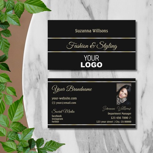 Chic Plain Black Golden Stripes with Logo  Photo Business Card