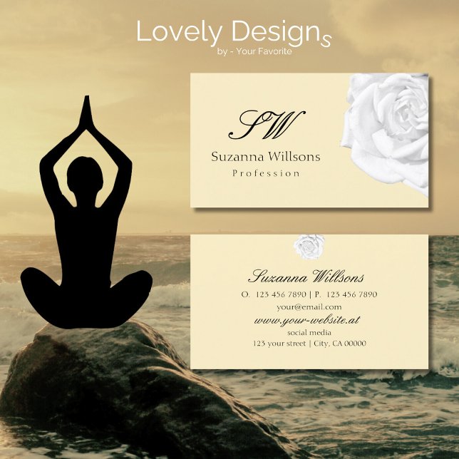 Chic Plain Peach Beige White Rose with Initials Business Card (Creator Uploaded)