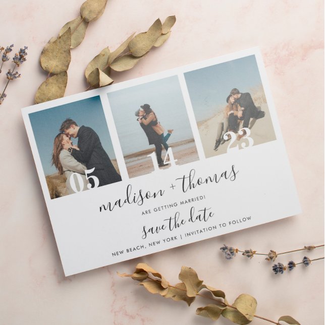 Chic Plain Script 3 Photo Wedding Save The Date Magnetic Invitation (Creator Uploaded)