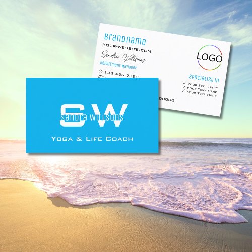 Chic Plain Sky Blue White with Monogram and Logo Business Card