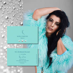 Chic Plain Teal with Monogram and Jewels Stylish Business Card