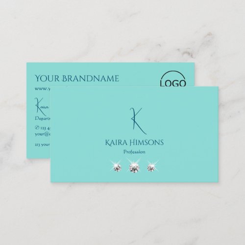 Chic Plain Teal with Monogram Logo and Glam Jewels Business Card