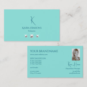 Chic Plain Teal with Monogram Photo and Jewels Business Card