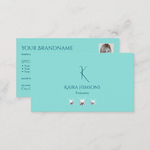 Chic Plain Teal with Monogram Photo and Jewels Business Card
