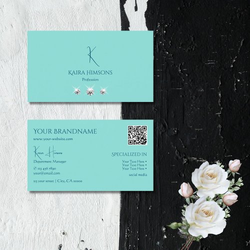 Chic Plain Teal with Monogram QR Code and Jewels Business Card