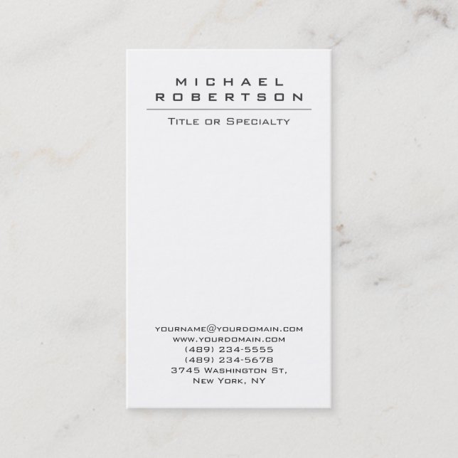 Chic Plain Vertical White Unique Business Card (Front)