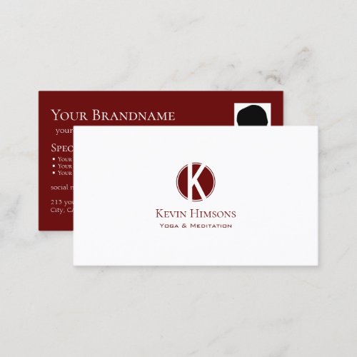 Chic Plain White Wine Red with Monogram and Photo Business Card