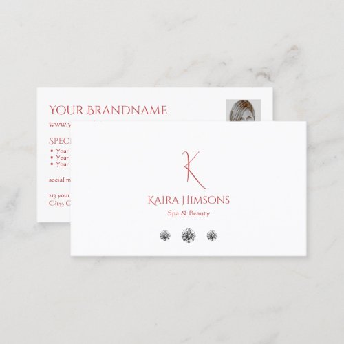 Chic Plain White with Monogram Photo and Diamonds Business Card