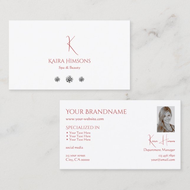 Chic Plain White with Monogram Photo and Diamonds Business Card (Front/Back)