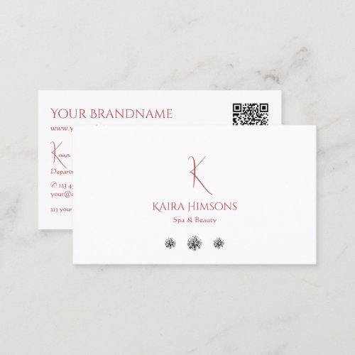 Chic Plain White with Monogram QRCode and Diamonds Business Card