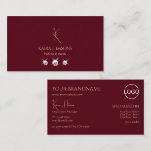 Chic Plain Wine Red with Monogram Logo and Jewels Business Card