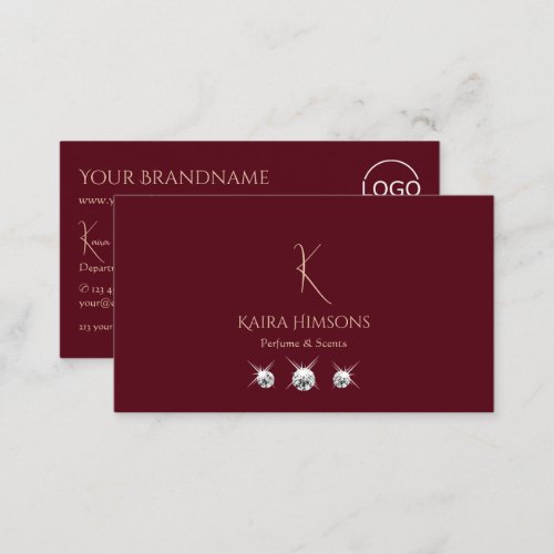 Chic Plain Wine Red with Monogram Logo and Jewels Business Card