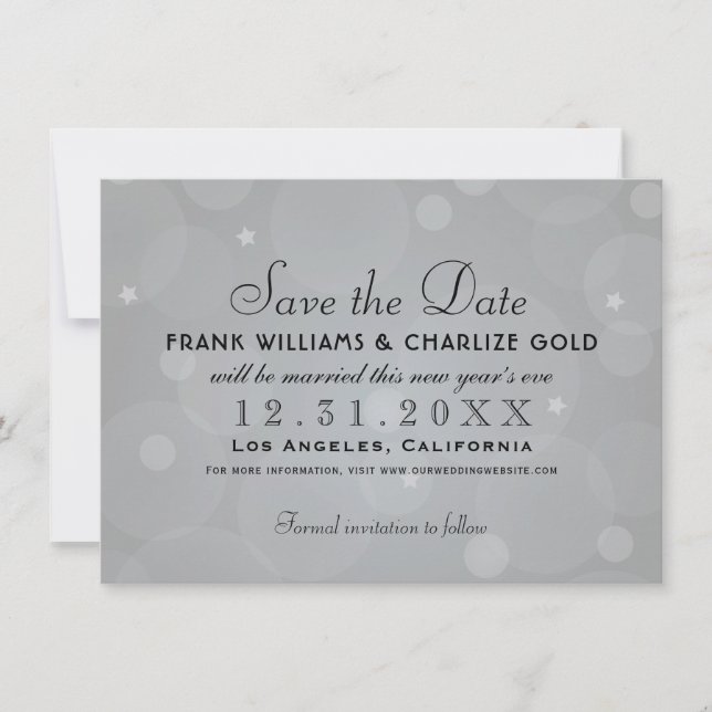Chic Platinum Gray Bubble Stars Wedding Save The Date (Front)