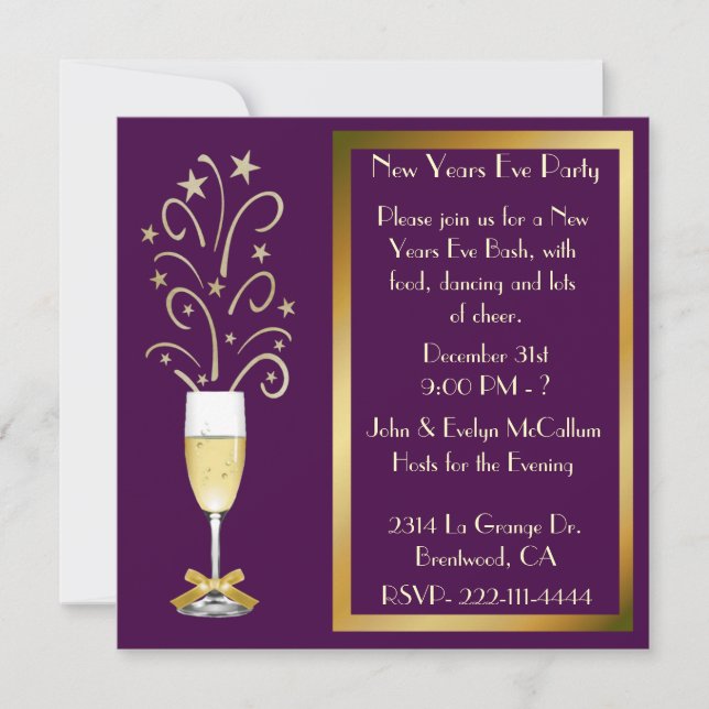 Chic Plum and Gold New Years Eve Party Invitations (Front)