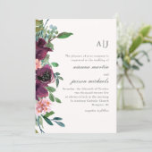Chic Plum Watercolor Floral on Peach Blush Wedding Invitation (Standing Front)