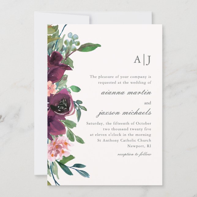 Chic Plum Watercolor Floral on Peach Blush Wedding Invitation (Front)