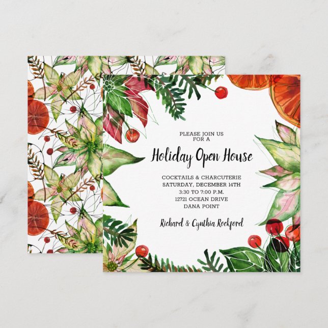 Chic Poinsettia and Oranges Christmas Invites (Front/Back)