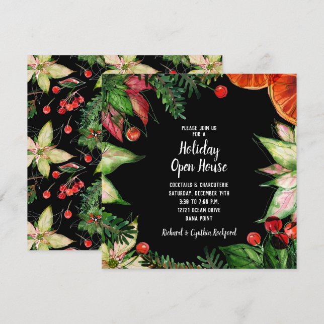 Chic Poinsettia and Oranges Christmas Invites (Front/Back)