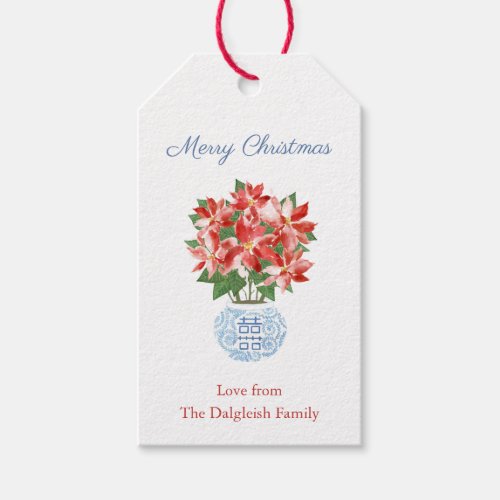 Chic Poinsettia Blue Chinoiserie Merry Christmas Gift Tags