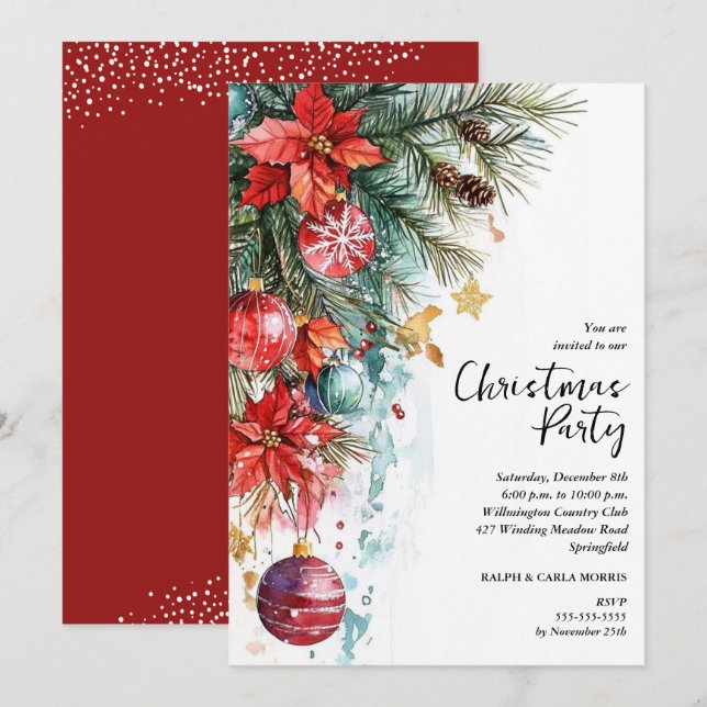 Chic Poinsettia Christmas Party Invitation (Front/Back)