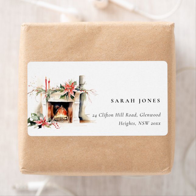 Chic Poinsettia Fireplace Warm Christmas Address Label (Insitu)